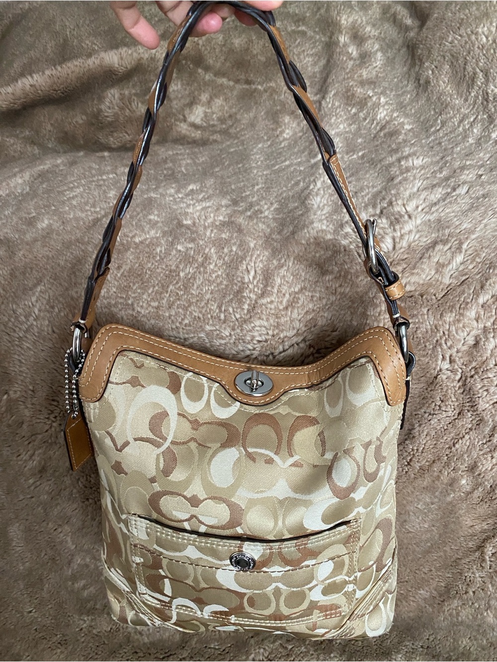 Coach Mixed Tan Signature Canvas Hobo with Leather Trim